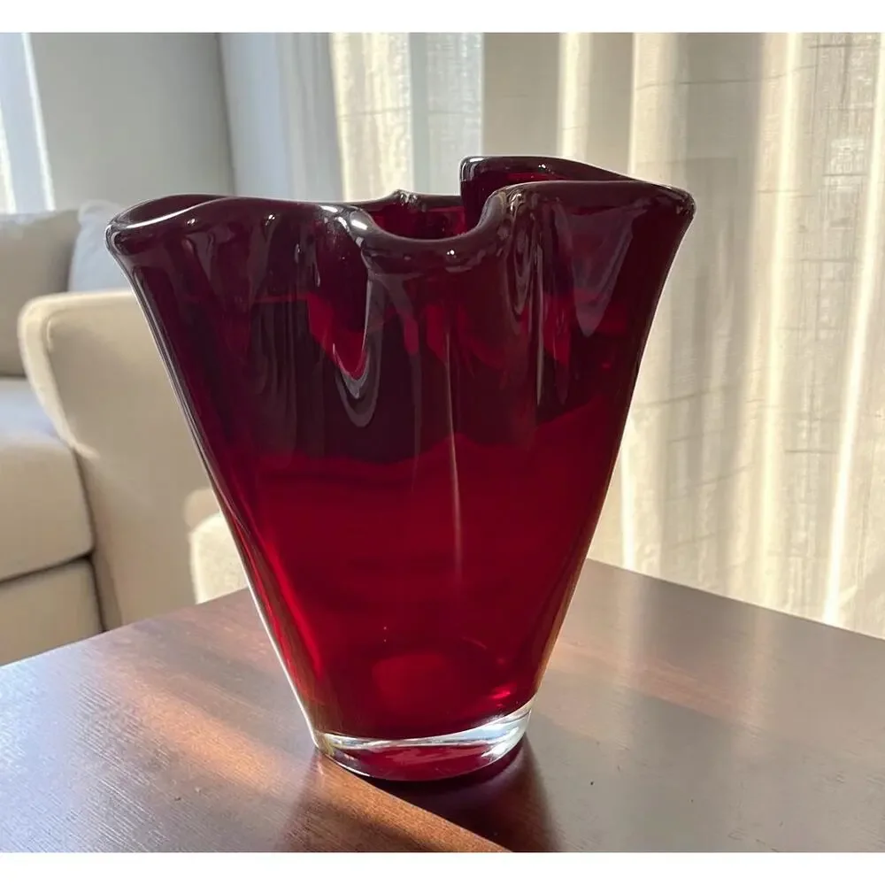 Curvy Vase Thick Hand blown Art Glass Poland Red Ruby Modern Sculpture 7